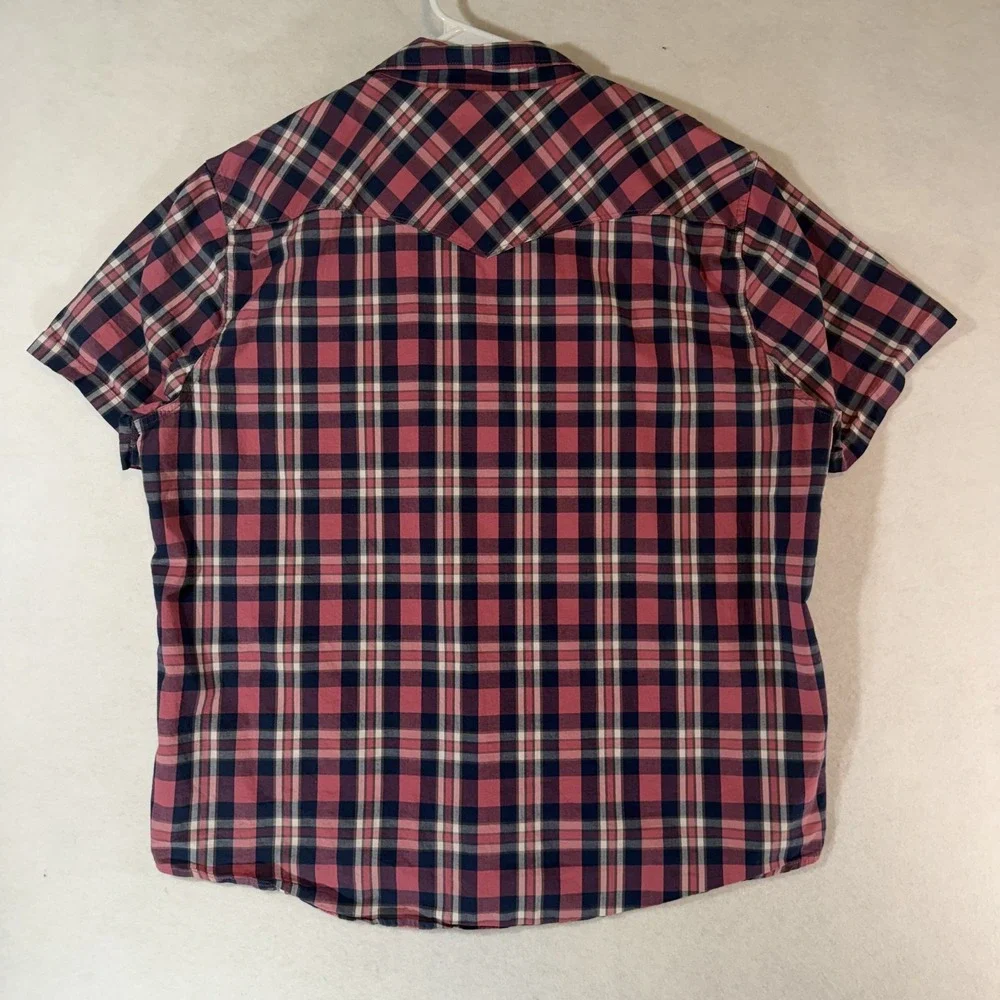 Lucky Brand Mens XXL Pink Navy Plaid Short Sleeve Pearl Snap‎ Western Shirt Y2K